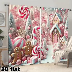 2D Flat 2Pcs Christmas Candy Cane Gingerbread Pattern Curtains, Home Decoration Curtain, Pink Winter Wonderland Design, Semi Sheer Rod Pocket Style, Decorative Window Treatment for Living Room Bedroom Kitchen Holiday Home Decor, Festival Window Accessory