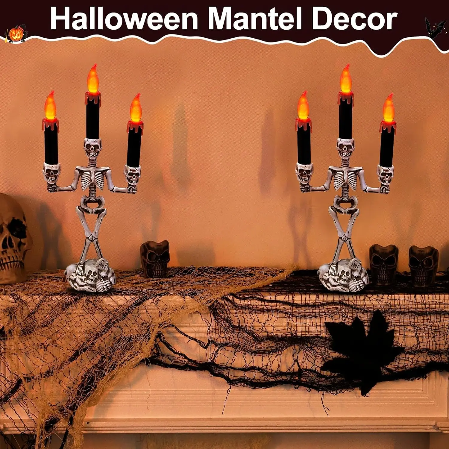 2 Pack Halloween Candelabra LED Flameless Candles Holder Battery Operated | Flickering Lights Skull Candles for Halloween Decorations Indoor Home Table Centerpieces Mantel Party Haunted Mansion Decor