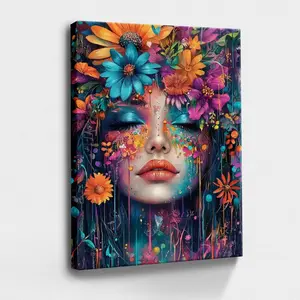 Woman, Flowers, Colorful Background - Floral, Colorful, Whimsical, Dutch Golden Age Style, Wall Decor Poster for Room, Wood Framed Canvas Painting Photo Ornaments Artwork Gifts 1pc Artistic Decoration