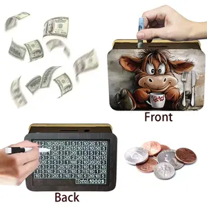 Wooden Money Box with Dual-Sided Design, Digital Cow Pattern, Ideal for Teenagers, Perfect Gift for Birthdays & School Seasons