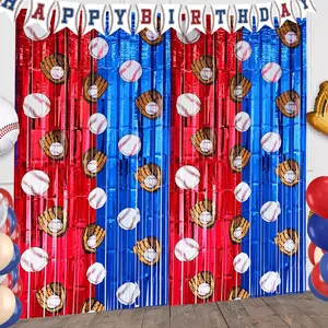 2 Pack Baseball Tinsel Foil Fringe Curtains Backdrop Party Decorations, Blue and White Red Door Streamers Banner  Themed Birthday Party Decor Supplies for Boys Favor