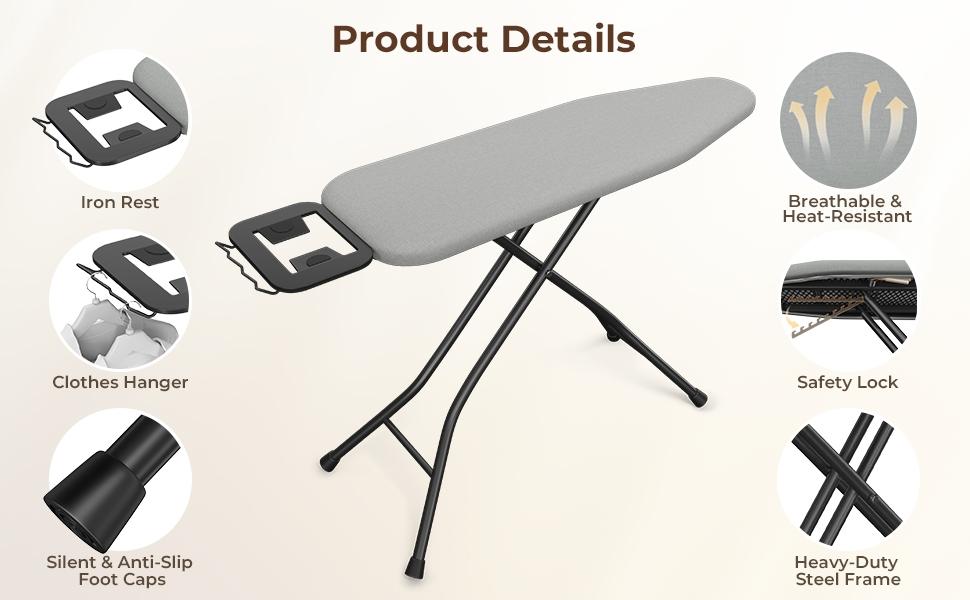 Yaheetech Foldable Ironing Board, Heavy Duty Iron Board with 9 Adjustable Heights, 4 Layer Cover and Safety Iron Rest, 52X14 Compact and Space Saver Iron Board for Home Laundry Room Use