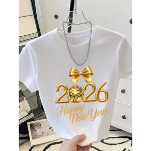 Spicy Girl T-Shirt 2026 Happy New Year, Gold Bow Round Neck T-Shirt, Y2K Short Sleeve T-Shirt, Spring Summer, Women's Short T-Shirt