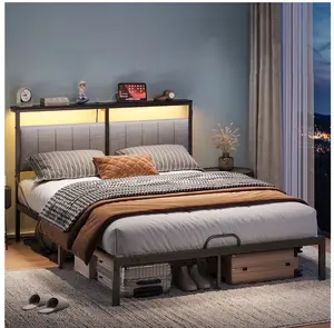 Full Size Bed with Upholstered Headboard | Metal Platform Bedframe with LED Lights, USB Charging Station & Storage Shelf, Gray Fabric