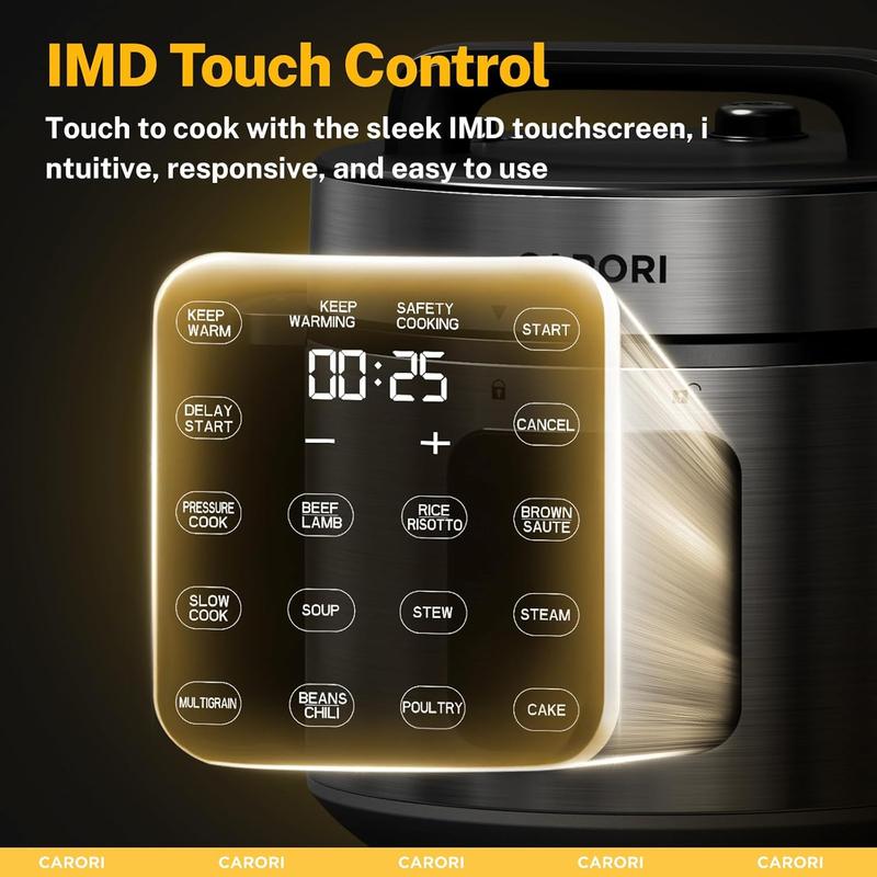 CARORI 9-in-1 Electric Pressure Cooker 1000W 8 Qt Instant Multi-Cooker with IMD Touchscreen Non-Stick Pot Rice Cook Slow Cook Steamer Sauté Warmer Safe Venting Silver