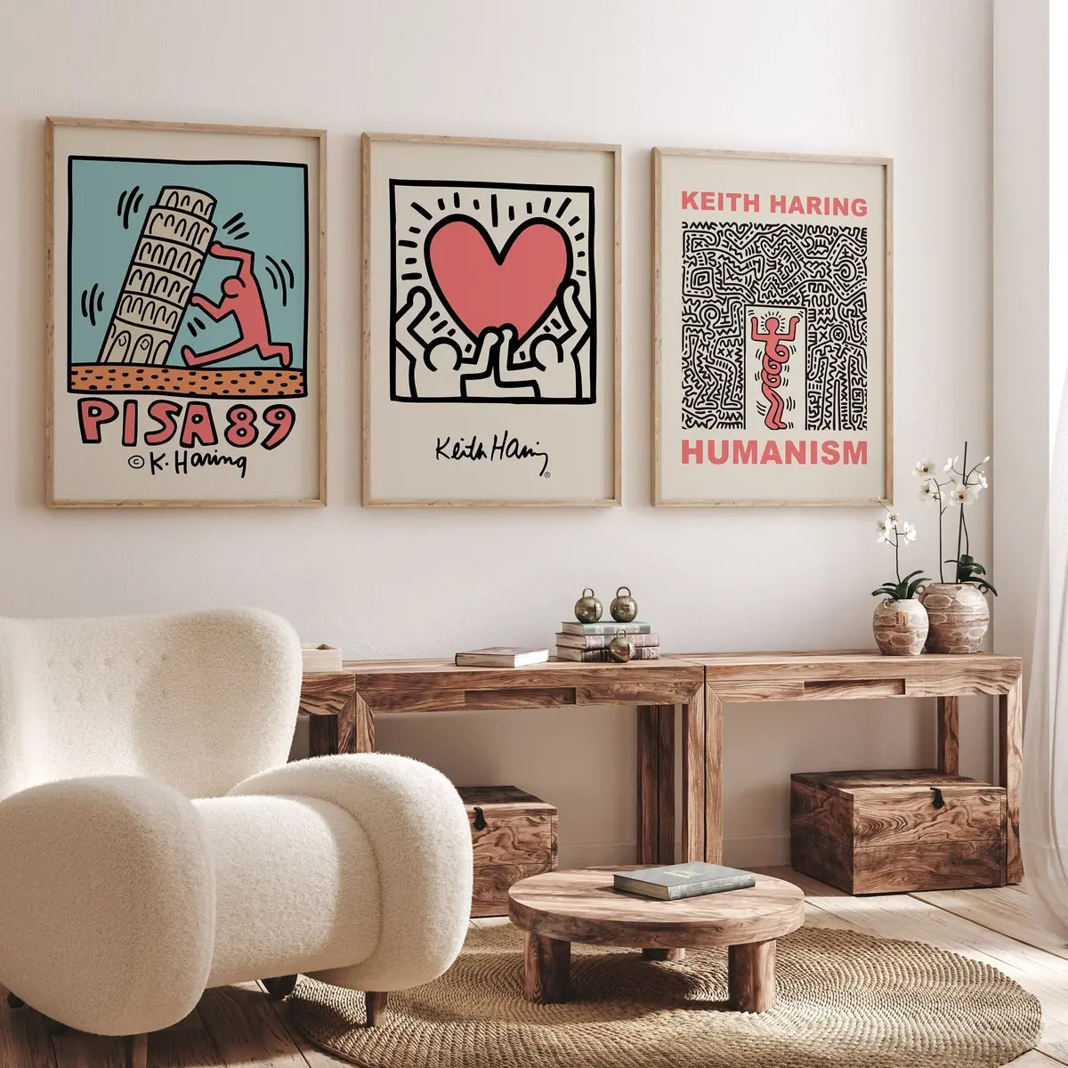 Modern Exhibition Vintage Art, Off White Peach Wall Art Prints, Set of 3 Keith Haring Prints, Gallery Art Posters, Room Decor, Unframed | 5 Sizes (8x12–27x40 inch)