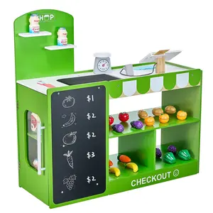 VEVOR Kids Grocery Store Playset, Wooden Play Market Stand with Shopping Bag, Kids Supermarket Pretend Play Store with Conveyor Belt, Scanner, Cash Register, Realistic Scale, Gift for Boys Girls