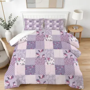 Purple Floral Patchwork Comforter Set, Decorative Bedding Set, Includes 1 Comforter + 1/2 Pillowcases, Vintage Plaid & Rose Print, Cozy Quilt Bedding for Cottagecore Lovers, Ideal for Home Decor