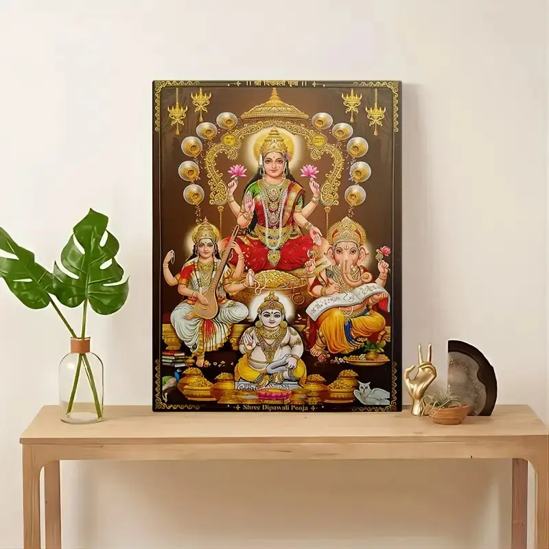 1 Piece Framed Canvas Wall Art - Dipawali Puja Scene, Including Lakshmi, Ganesh, Saraswati, and Vishnu, Indian Religious Artwork, Machine Printed, Wooden Frame, Festival Decoration, Home and Office Decoration, Indian Wall Art