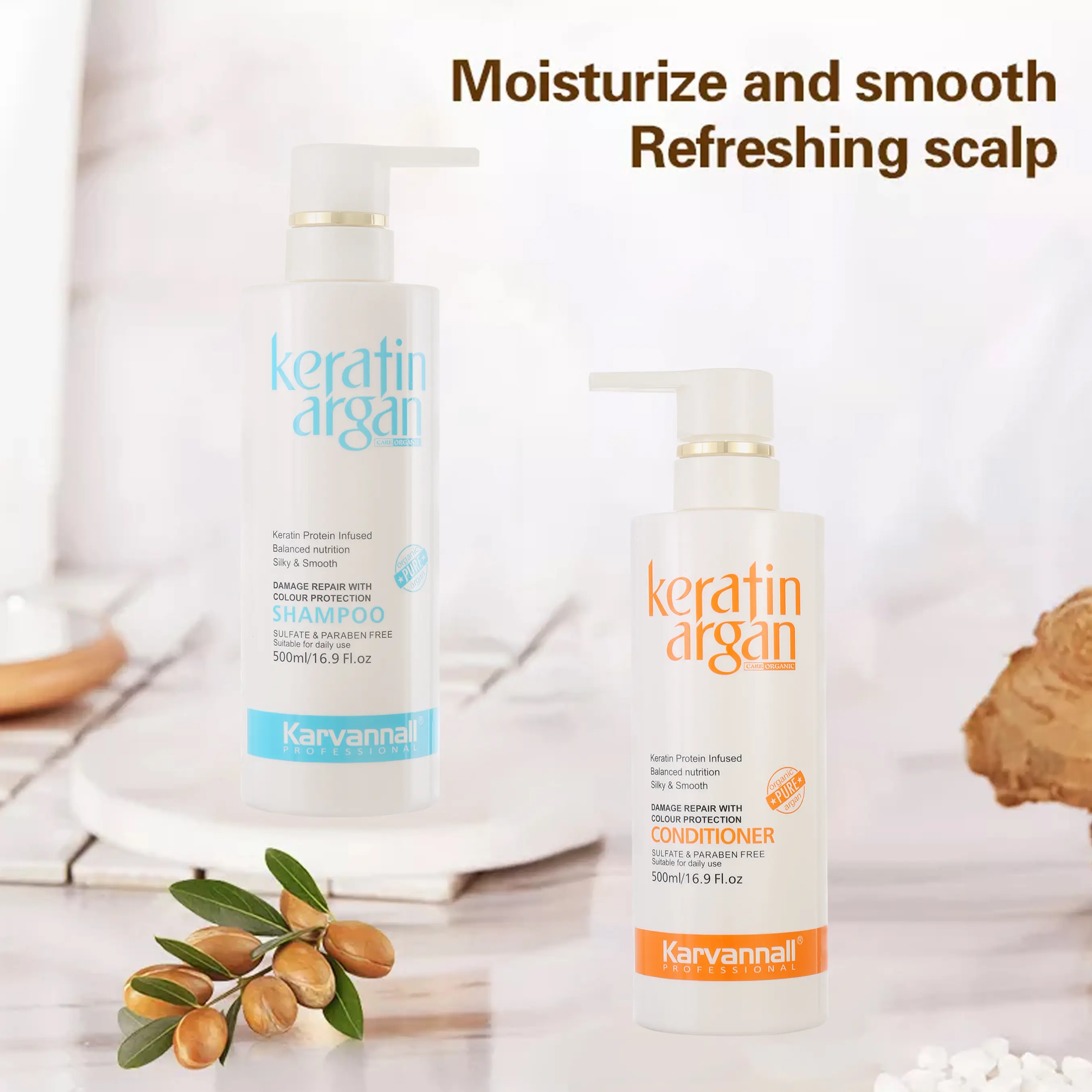 Karvannall Luxury Caviar & Keratin Protein Hydrating Shampoo and Conditioner Set - Sulfate-Free, Anti-Frizz, Detangling Cream Formula, Italian Scent, 2x16.9 oz, Daily Use for Bouncy Curly Hair