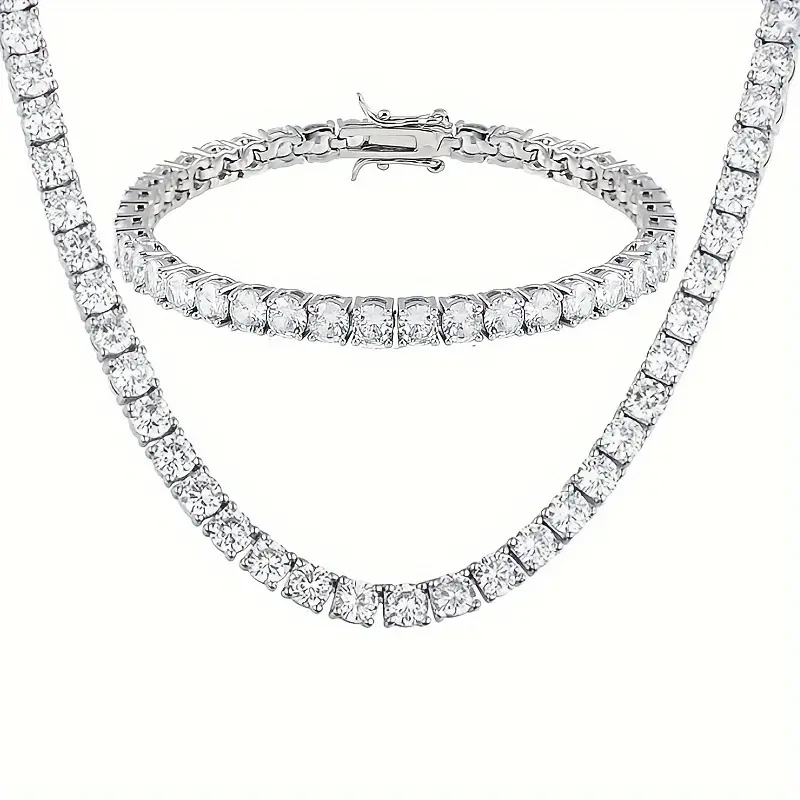 2PCS(Chain Necklace & Bracelet Set)White Gold Plated Tennis Chain Necklace & Bracelet Set with Cubic Zirconia, Men's Faux Diamond Jewelry Gifts