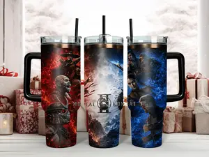 Mortal K0mbat II Cinematic Movie Art 40oz Insulated Tumbler - Epic Fire and Ice Scorpion vs Sub-Zero Character Design Stainless Steel Travel Mug with Handle & Straw - The Ultimate Fighting Gamer Gift
