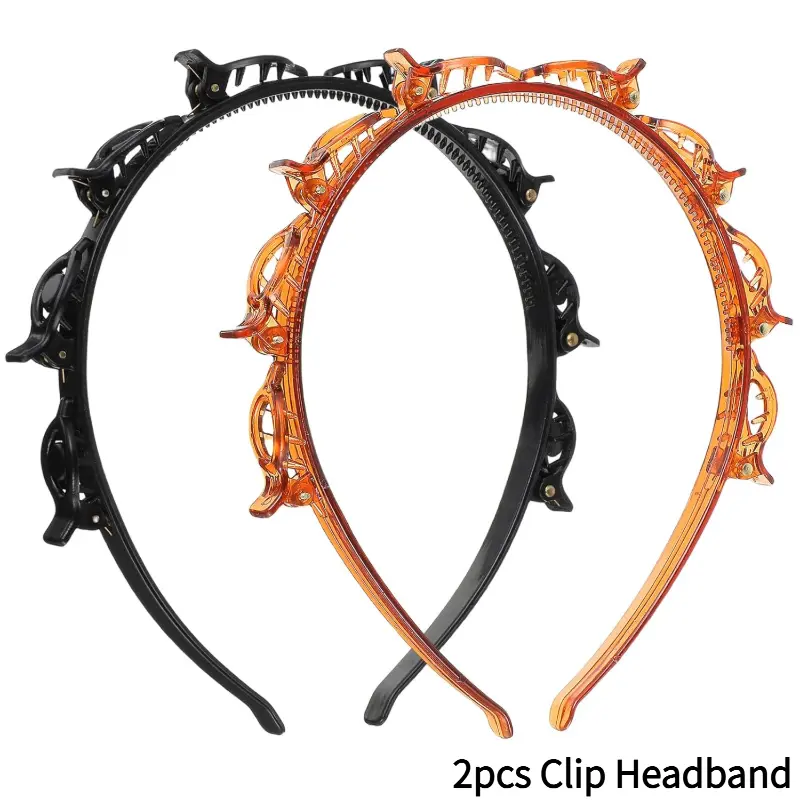 2PCS Clip Headbands for Women Girls 90s Hair Accessories with 8 Mini Clips Hair Headband Professional Weaving Clip Bangs Headband with Teeth Fashion Hairstyle Braid Tool for Women
