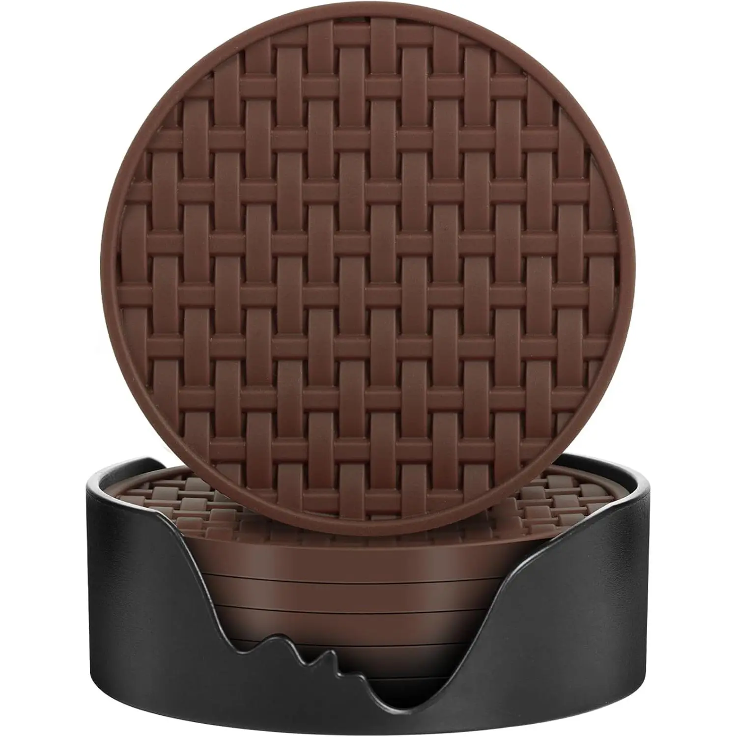 Brown Round  Coasters with Holder, Heat Resistant &  Cup Mats, 4 Inches Non-Slip Decorative Coster Set 6 Packs for Home, Office, Kitchen, Coffee Bar Table