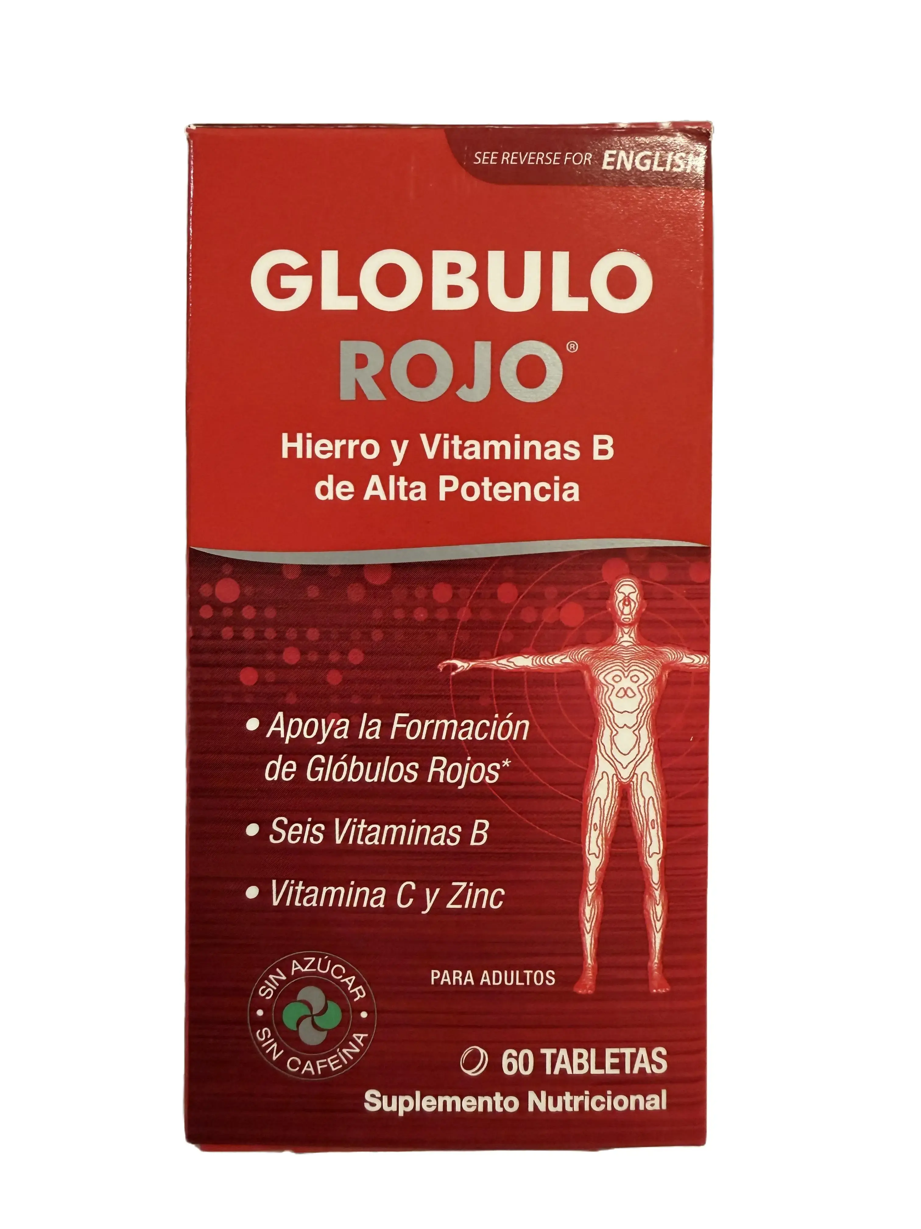 Globulo Rojo Iron, B-Vitamins, Vitamin C & Zinc Nutritional Supplement - 60 Tablets, Dietary Health Support Wellness