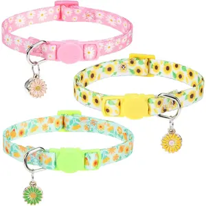 Cat Collars for Girl Cats, 3 Pack Spring Flower Cat Collars Breakaway with Bell for Outdoor Indoor Kitten, Cute Collar with Safety Buckle Adjustable 8"-12" for Kitty Puppy Small Pets, Floral