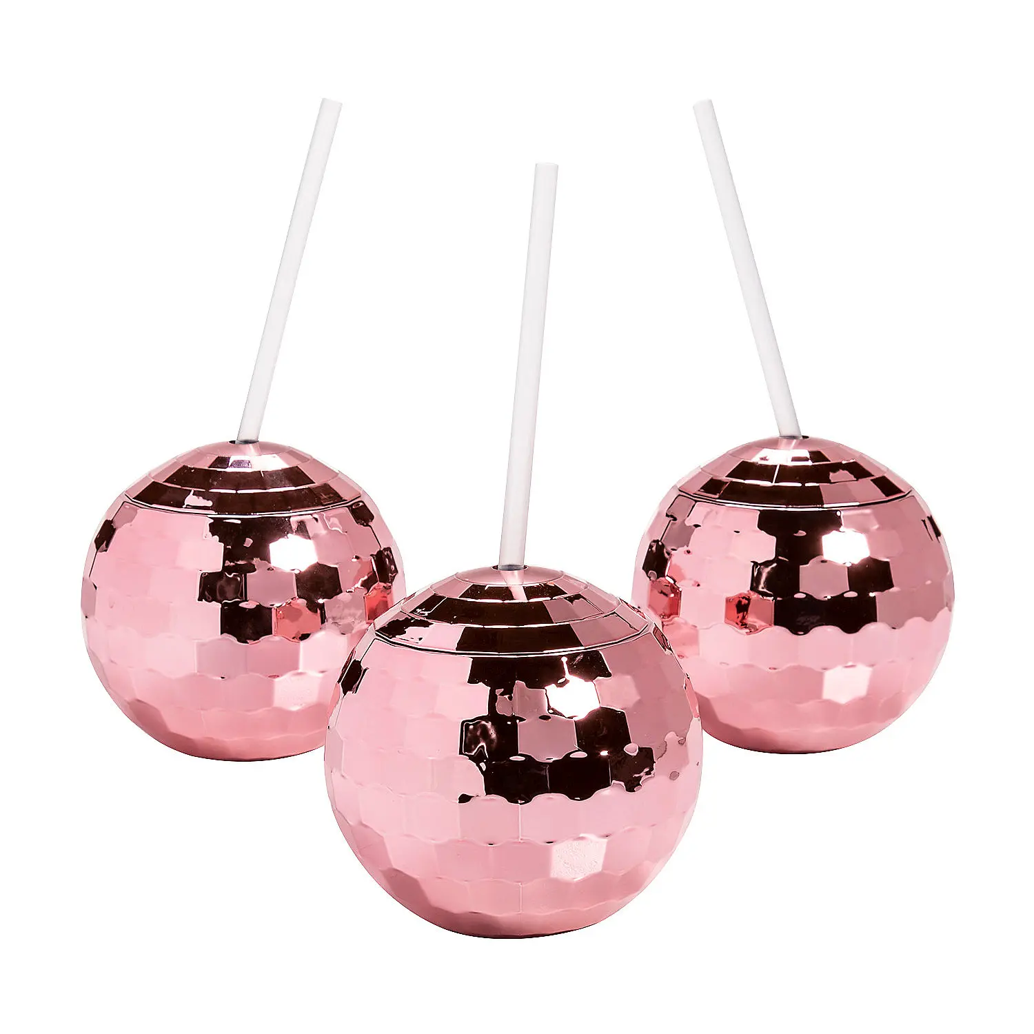 Disco Ball-Shaped Pink Tumbler Set, 6-Count 20oz BPA-Free Reusable Plastic Drink Cups with Twist-Lids & Straws, 4" x 9", for Parties & Corporate Events, Hand Wash Only