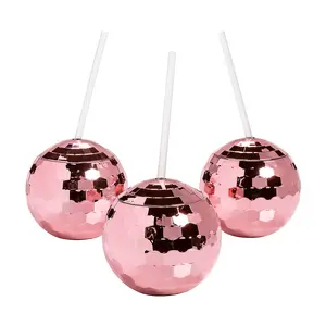 20 oz. Pink Disco Ball-Shaped Reusable BPA-Free Plastic Cups with Lids & Straws - 6 Ct.