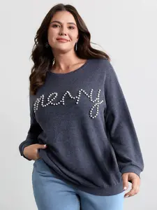 BloomChic Women's Plus Size Beaded Detail Sweatshirt - Lady's Long Sleeve Garment, Spandex Fabric Tops, Extra Long Drop Sleeves, Round Neck, Fitted, Medium Length Indigo Winter Casual Top [M-6X] Womenswear Tops Swimweek
