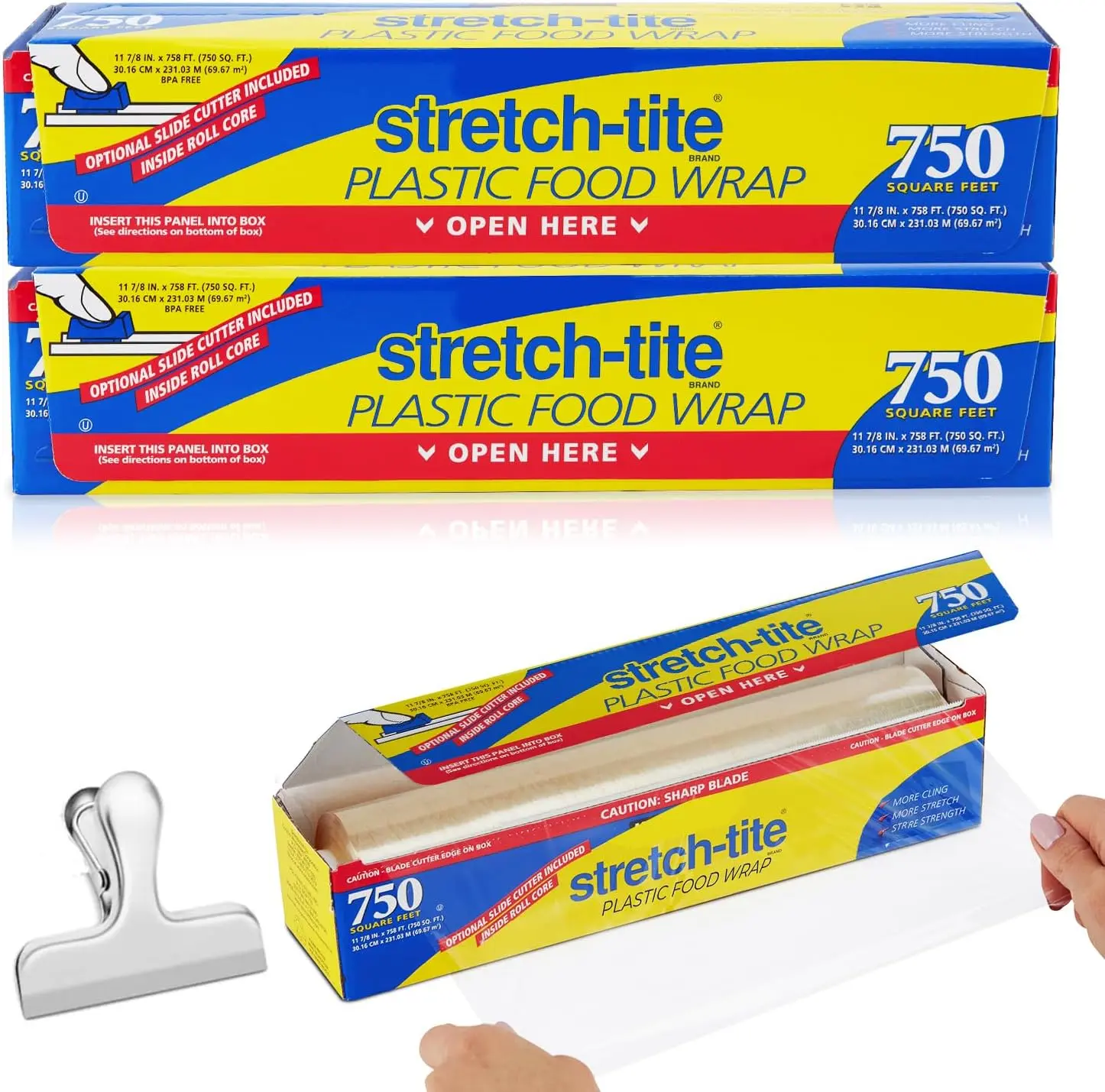 Stretch Tite Food Cling Wrap with Slide Cutter, 750 sq ft, 11.875 in Width, 2-Pack with Scooply Bag Clip