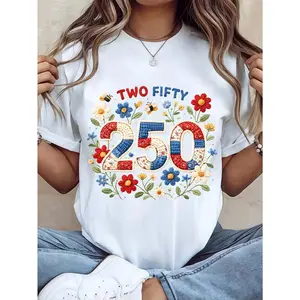 Womens Short Sleeve Crewneck Graphic Tee Two Fifty 250 Floral Patchwork Embroidery Style Cute Wildflower Bee Summer Casual Shirt