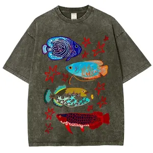 Cute Colorful Fish Unisex Vintage Washed Tee,  Colorful Mosaic Shell Party Snail Print Unisex Oversized Crew Neck Streetwear Short Sleeve Tee