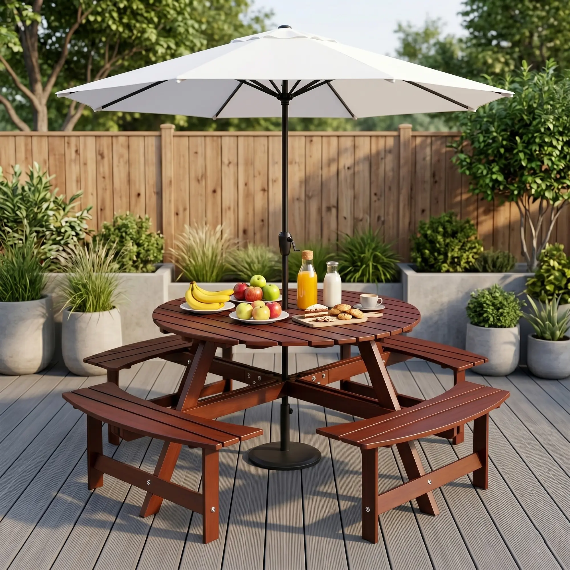 Eyisean 8 Person Wood Picnic Table, 500lbs Capacity Per Bench, Outdoor Round Picnic Table with 4 Built-in Benches, Umbrella Hole, Outside Table and Bench Set for Patio, Backyard