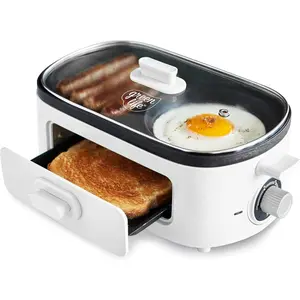 3in1 breakfast maker station healthy ceramic nonstick dual griddles for eggs meat sausage bacon pancakes and breakfast sandwiches 2 slice toast drawer easytouse timer white