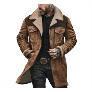 Mens Western Cowboy Jacket Vintage Suede Jacket Long Trench Coats  Cowboy Peacoat Retro Tops Casual Menswear Shirt Soft Fleece Hoodie jacket western clothing jackets letterman jacket western clothing windbreakers Leather Winter Streetwear Beige Crewneck
