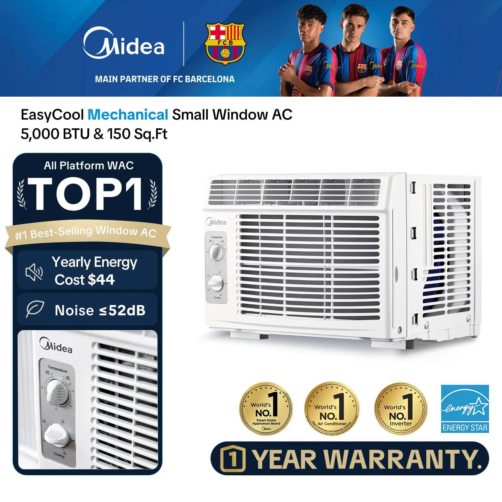 Midea 5,000 BTU EasyCool Mechanical Small Window Air Conditioner - Cool up to 150 Sq. Ft. AC with Easy-to-Use Mechanical Controls and Reusable Filter, Perfect for Small Bedroom, Living Room, Home Office