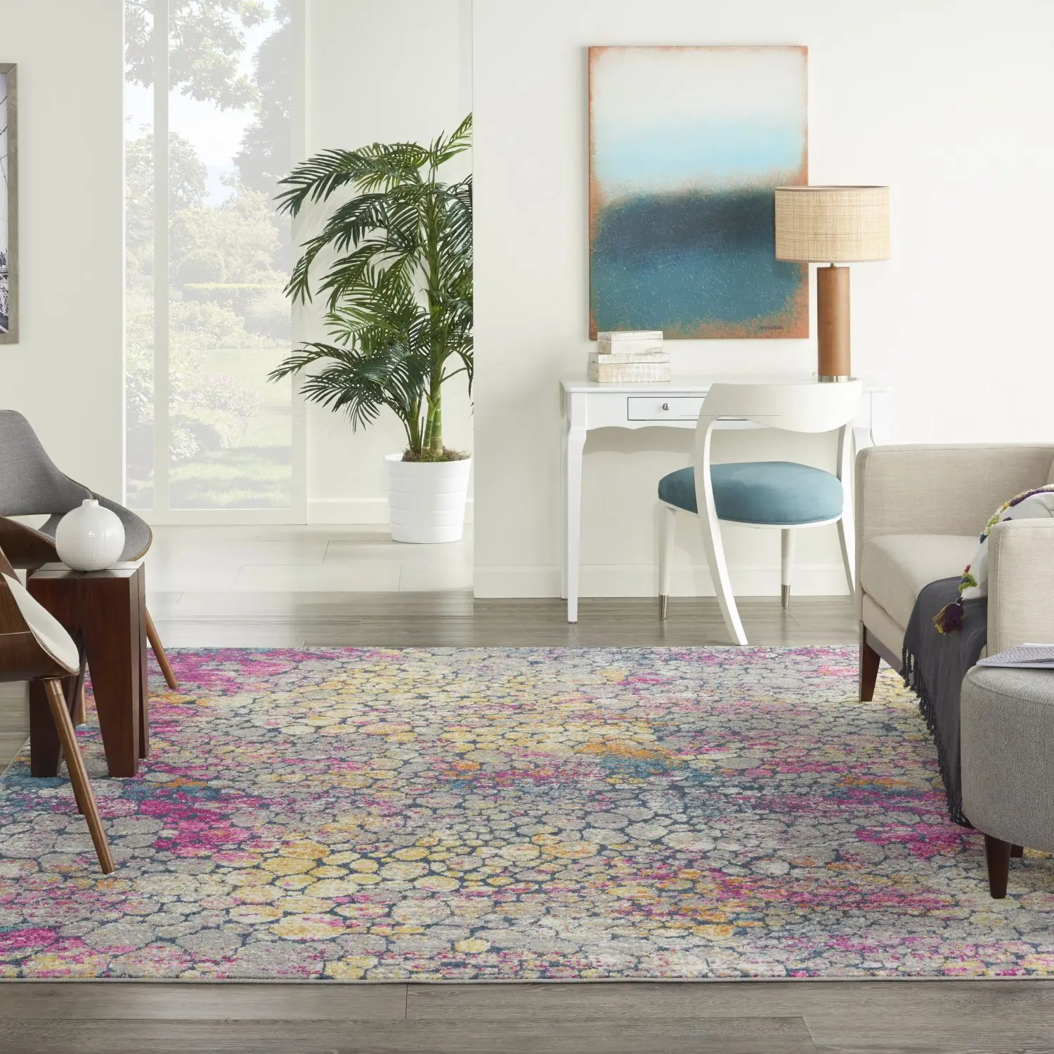 Nourison Passion PSN34 Modern Soft Casual Area Rug - Indoor-Only Bold Patterned Art Pattern Room Decoration Rug with Circular Motifs, Yellow Multi, 6'7" x 9'6", Household Decorative Rug