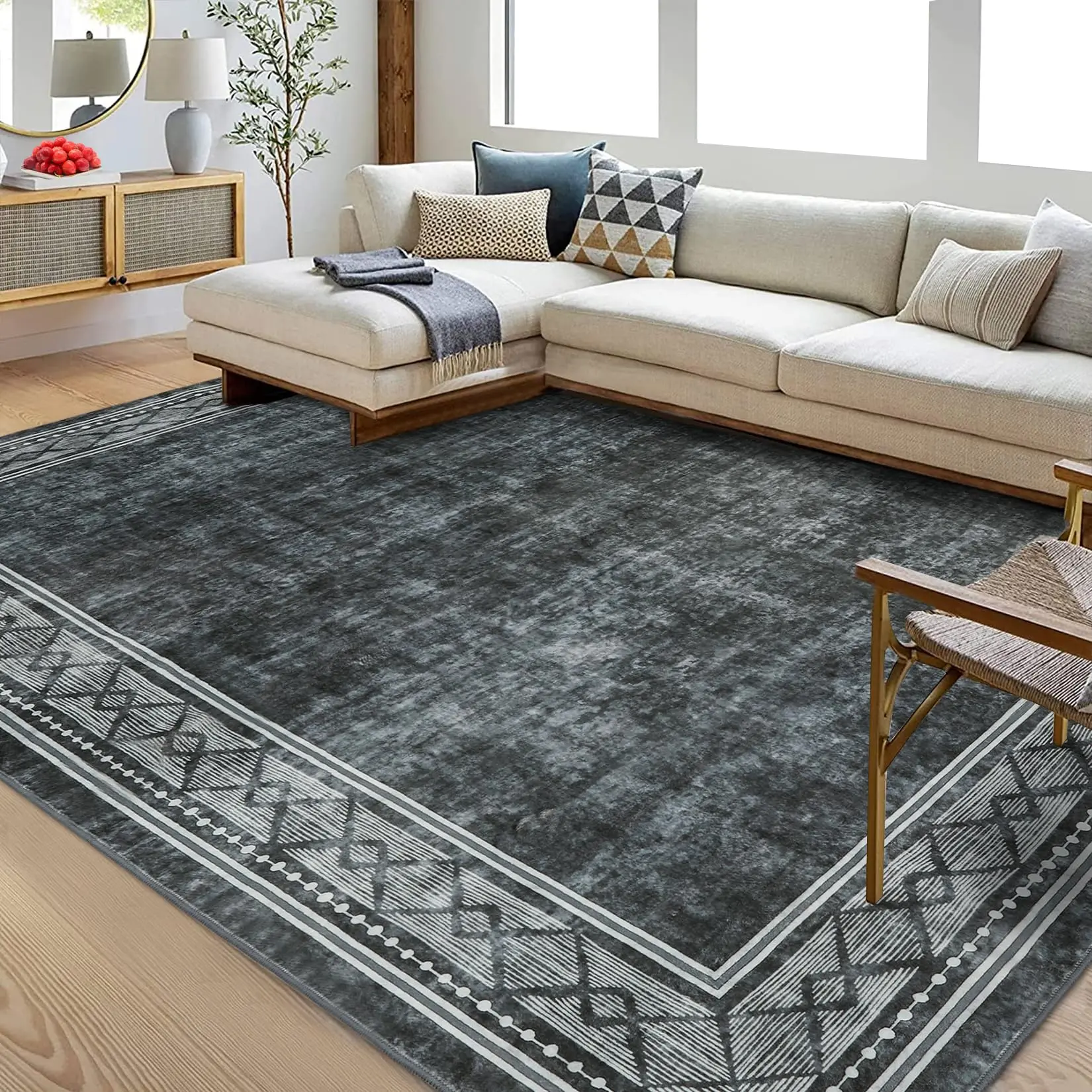 【GARVEE】Modern Bordered Area Rugs and Hallway Runners in Multiple Sizes and Colors (Grey, Brown, Teal) with Machine Washable, Non-Slip, Stain Resistant Features and Geometric Design for Living Room, Bedroom, Kitchen, Entryway