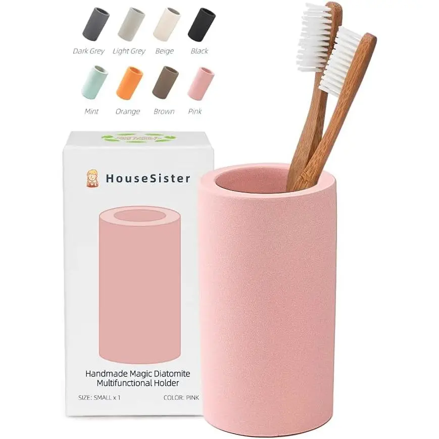 Minimalist Simple Compact Diatomite Clay Toothbrush Holder - Portable Bathroom Countertop Organizer Stand for Toothpaste, Makeup Brushes, Razors & Accessories (Breathable, Pink)