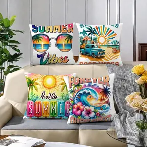 Summer Theme Cushion Cover, 4 Counts/set Fashionable Glasses & Beach & Ocean Pattern Cushion Cover, Household Decoration Supplies, Bedroom Decorative Accessories for Home Sofa