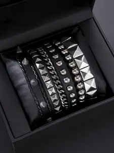 Men's Punk Hip-Hop Chain Bracelet Set, Casual Beaded Wristbands, Leather Rivet Jewelry Accessories, Party Daily Date Gift