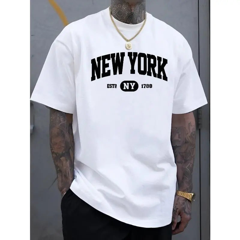 Men's Loose Fit T-shirt with Simple New York Graphic Print, Soft Polyester-Cotton Fabric for Casual Summer and Sports Wear, Shortsleeve, Menswear, Top