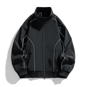 Vintage Streetwear Stand Collar Jacket with Reflective Stripe Decoration Sports Coat Unisex Casual Zip Up Sweatshirt