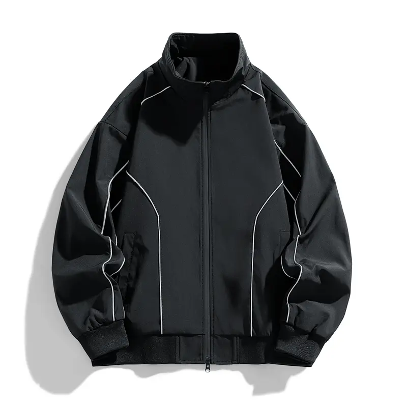 Men's Vintage Streetwear Jacket, Stylish Stand Collar Zip-Up Sports Outerwear Tops with Reflective Stripes, Menswear, Coat, Black, Zipper, Casual, Unisex Street Fit