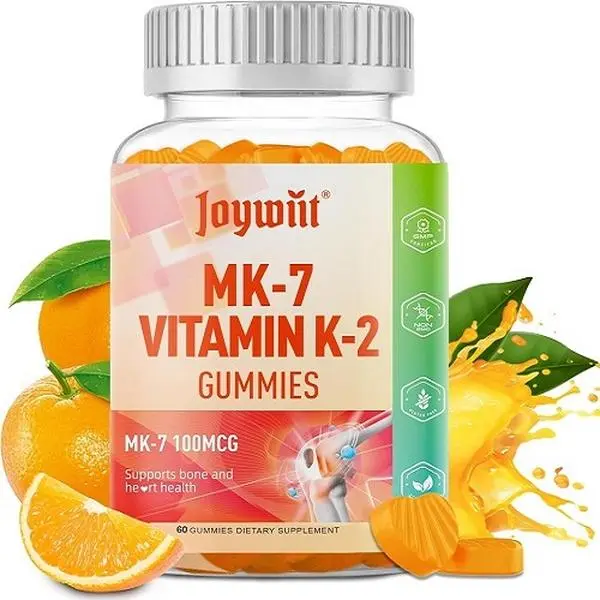 Joywiit Vitamin K2 MK-7 Gummies 100mcg, Extra Strength K2 Vitamin Supplement for Bone & He-Art Support, Chewable Natural Orange Flavor, Non GMO, Vegan, 60 Counts