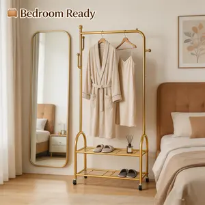 Heavy-Duty Rotatable Gold Rolling Garment Rack with 2-Layer Organizer Storage Shelves - Hanging Clothes Rack, Sturdy Metal Home Organizer for Efficient Storage Rack