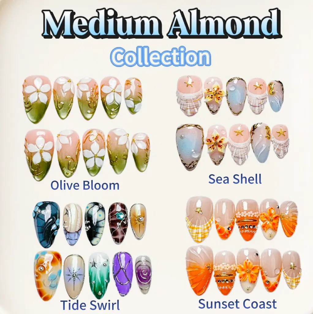 NailPopCo Medium Almond Press-On Nails, Coastal Ocean Collection, Hand-Painted Floral Shell Starfish Designs, Reusable False Sets for Beauty & Personal Care, Almond Shape Nails, Press Ons Nail