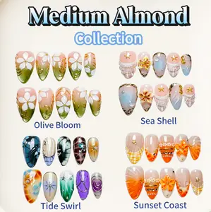 NailPopCo Medium Almond Press On Nails Coastal Ocean Collection Hand Painted Floral Shell Starfish Reusable False Nail Sets