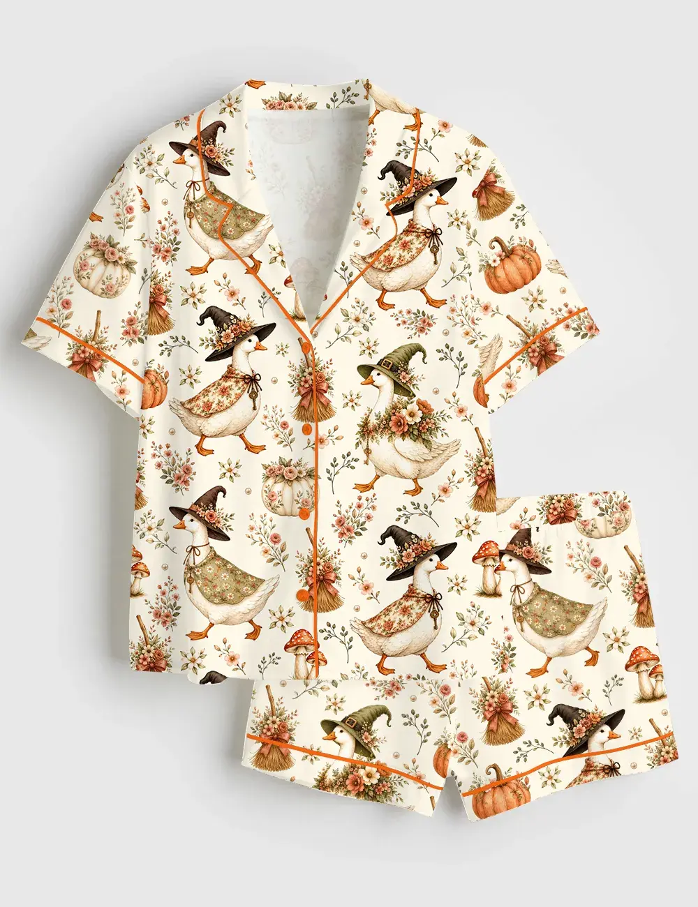 Witch Goose Cottagecore Halloween Floral Pumpkin Mushroom Short And Long Sleeve Pajama Set, Sleepwear for Women