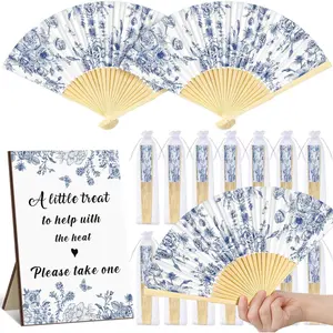 51 count Wedding Favors for Guests Bulk 25 Wedding Foldable Hand Fans Handheld Paper Fans with 25 Organza Bags and a Table Sign Dusty Blue Decor for Bridal Shower Favor Appreciation