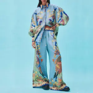 Women's 2-Piece Neoclassical Revival Long-Sleeved Long-Pants Set, Phoenix Art Printing, Peacock Pattern, Gorgeous Retro Court Attire, Sapphire Collection