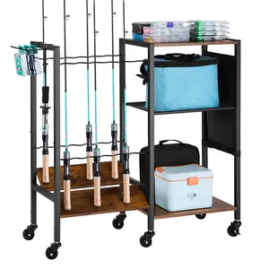 12 Pole Fishing Rod Holder And Rack Cart With Wheels, Heavy Duty Portable Storage Organizer For Garage, Shed, Workshop, And Outdoor Spaces, Ideal For Tackle, Rods, Reels, Gear, And Tools, Durable Steel Frame