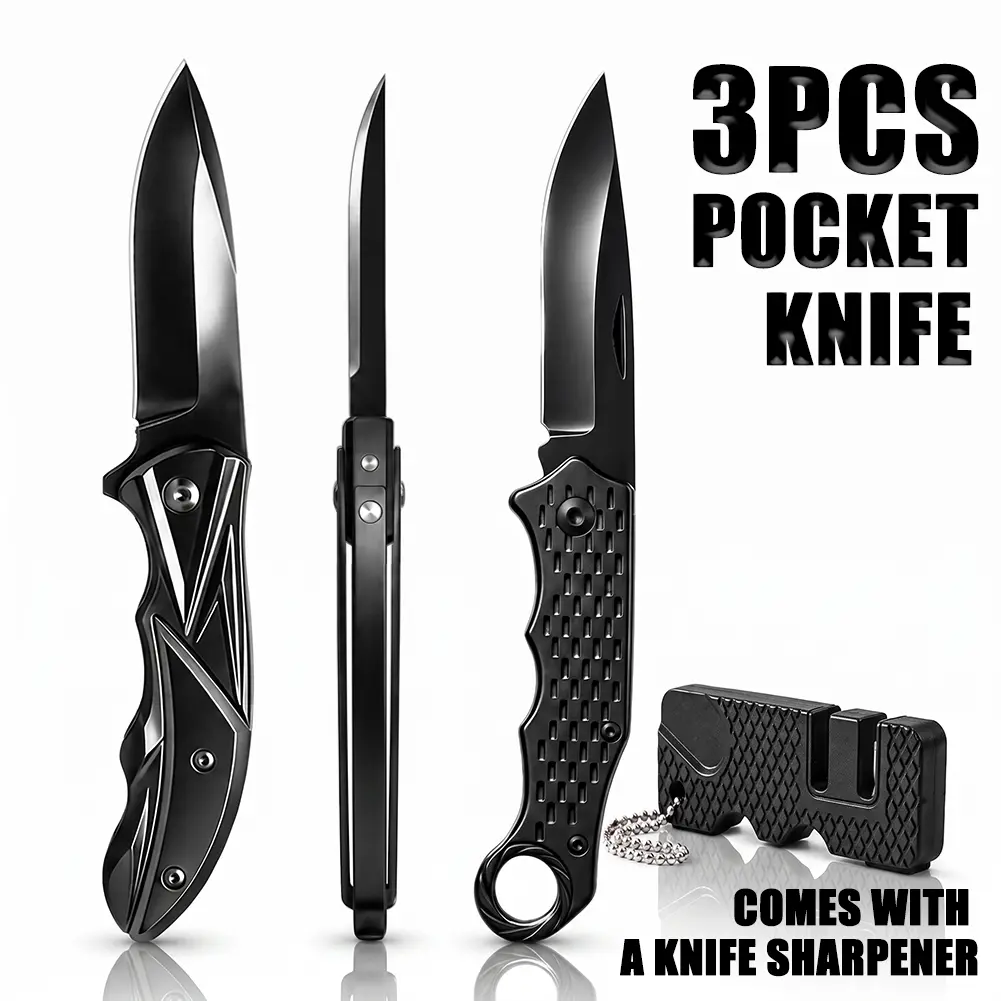 3pcs Ultimate EDC Pocket Knife Foldable (with Sharpening) Utility Folding Pocket Knife 3-Inch Folding Utility Knife Combo with Clip High-Quality Folding Knife - Cool Gadgets for Home Compact EDC Pocket Knives Holiday Gift for Halloween and Daily Use