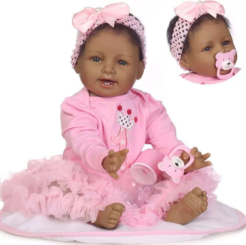 Kofi 22 Inch Realistic Reborn Baby Doll with Dark Brown Skin Curly Hair Life Size Magnetic Pacifier Set Bottle Diaper Birth Certificate