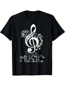 Men'S Music Lover Graphic T-Shirt - with Music Notes & Treble Clef Print, Retro Musician Design, Comfortable Casual Short Sleeve Round Neck Tee for Musicians & Casual Attire, All-Season Comfort Fit Music-Themed Apparel