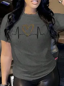 Women's Heart & Heartbeat Print Round Neck Tee, Casual Short Sleeve Fitted T-Shirt for Summer, Ladies Clothes for Daily Wear, Summer Tops, Feminine Womenswear